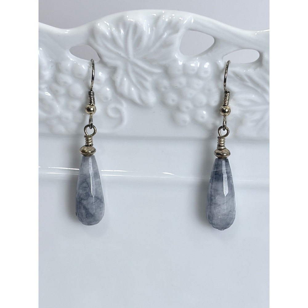 Gray Blue Polished Stone Teardrop Drop Earrings Silver-Tone Wire‎